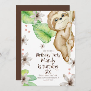 Invitación Acuarela Sloth Hanging Heart Floral Birthday