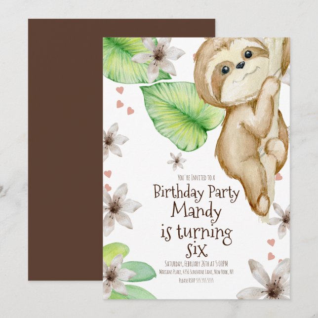 Invitación Acuarela Sloth Hanging Heart Floral Birthday (Anverso / Reverso)