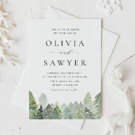 Invitación Acuarela Snowy Boda de Invierno Evergreen Código Q