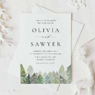 Invitación Acuarela Snowy Boda de Invierno Evergreen Código Q
