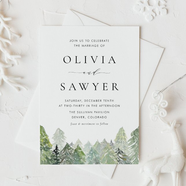 Invitación Acuarela Snowy Boda de Invierno Evergreen Código Q (QR code winter wedding invitation featuring watercolor evergreens and falling snow.)