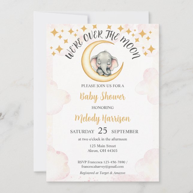 Invitación Acuarela sobre el Baby Shower del elefante lunar (Anverso)