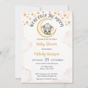 Invitación Acuarela sobre el Baby Shower del elefante lunar