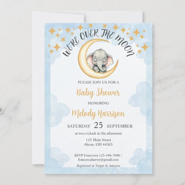 Invitación Acuarela sobre el Baby Shower del elefante lunar (Anverso)