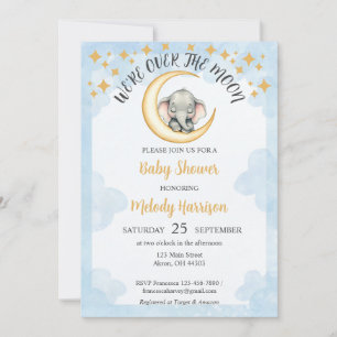 Invitación Acuarela sobre el Baby Shower del elefante lunar