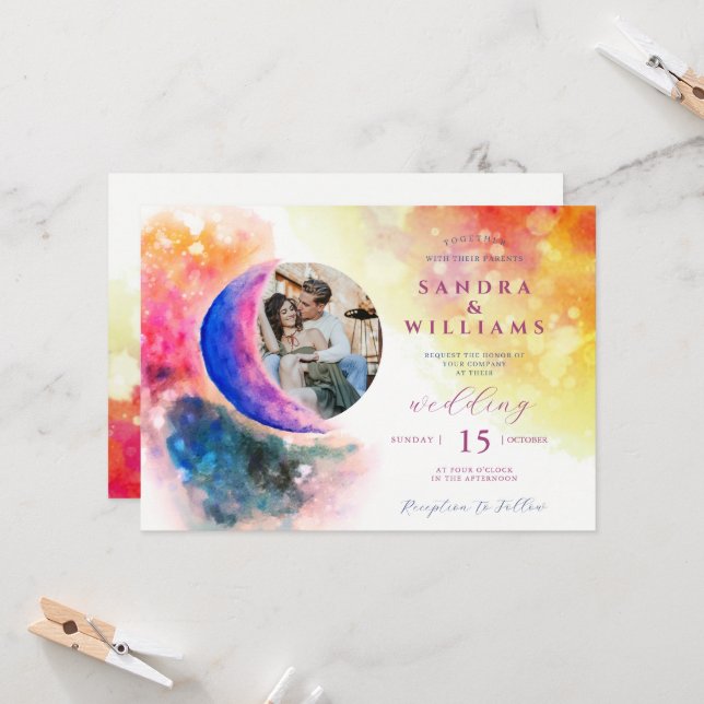 Invitación Acuarela sobre la pareja de la luna Foto Ombre Bod (Anverso/Reverso In Situ)