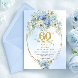 Invitación Acuarela Sofisticada Floral Azul 60 Cumpleaños