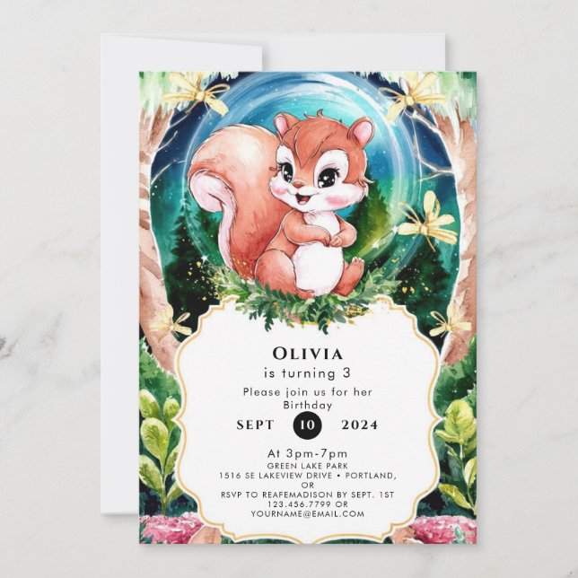 Invitación Acuarela Squirrel Simple Cumpleaños (Anverso)