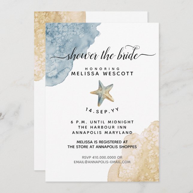 Invitación Acuarela Starfish Dusty Blue Beach Bridal Shower (Anverso / Reverso)