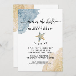 Invitación Acuarela Starfish Dusty Blue Beach Bridal Shower