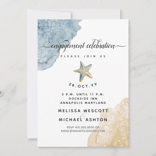 Invitación Acuarela Starfish Dusty Blue Coastment Engagement (Anverso)