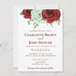 Invitación acuarela suculenta burgundy oro boda floral