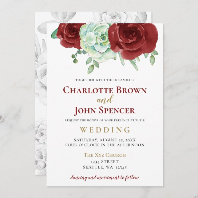 Invitación acuarela suculenta burgundy oro boda floral (Anverso / Reverso)