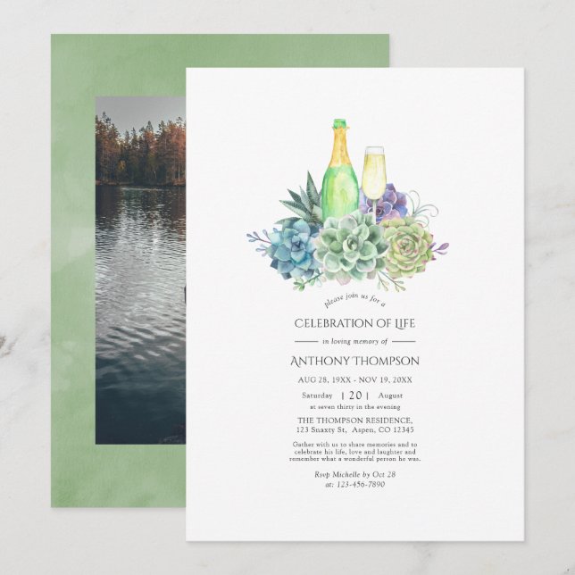Invitación Acuarela suculenta celebración de la vida en el vi (Anverso / Reverso)