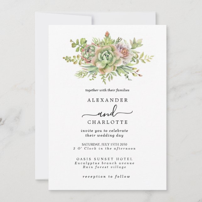 Invitación Acuarela Suculenta Elegante Tipografía Floral (Anverso)