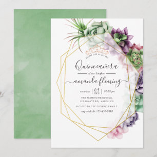 Invitación Acuarela Suculenta Geométrica Quinceañera