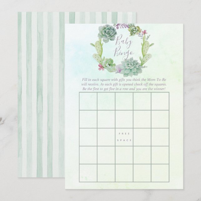 Invitación Acuarela Suculento Bingo de Bebé Baby Shower (Anverso / Reverso)