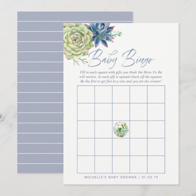 Invitación Acuarela Suculento Bingo de Bebé Baby Shower (Anverso / Reverso)