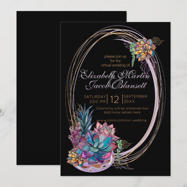 Invitación Acuarela Suculento, Boda virtual morado negro (Anverso / Reverso)