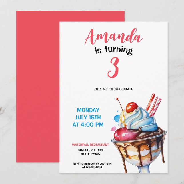 Invitación Acuarela Sundae Ice Cream Cumpleaños (Anverso / Reverso)