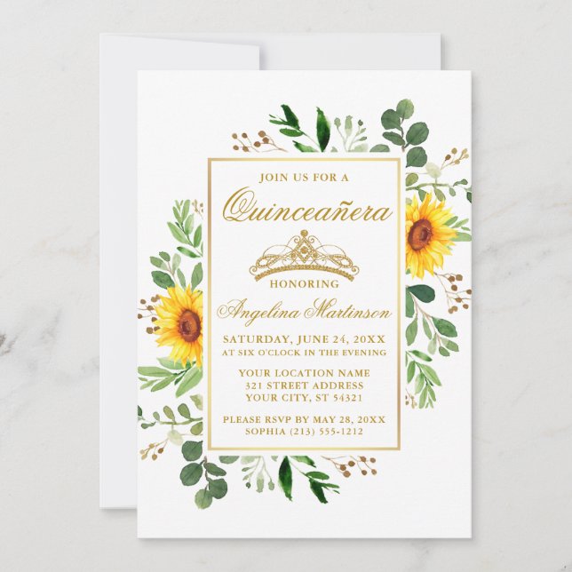 Invitación Acuarela Sunflowers Greenery Quinceanera Gold (Anverso)