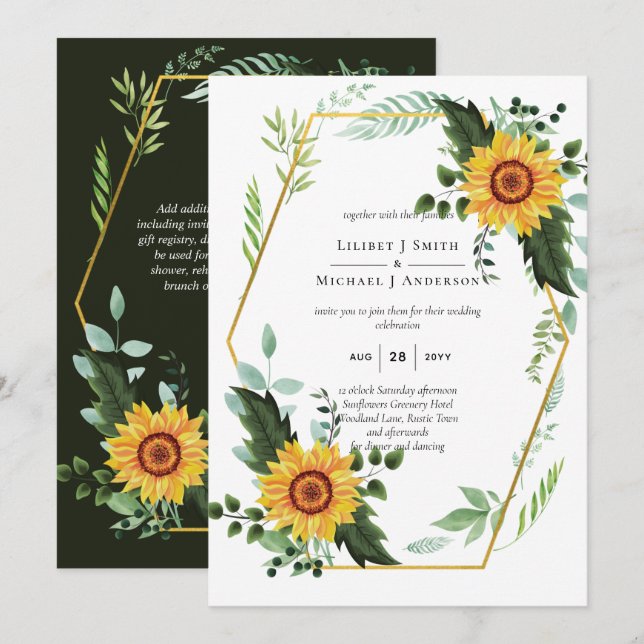 Invitación Acuarela SUNFLOWERS Greenery Rustic Boda (Anverso / Reverso)