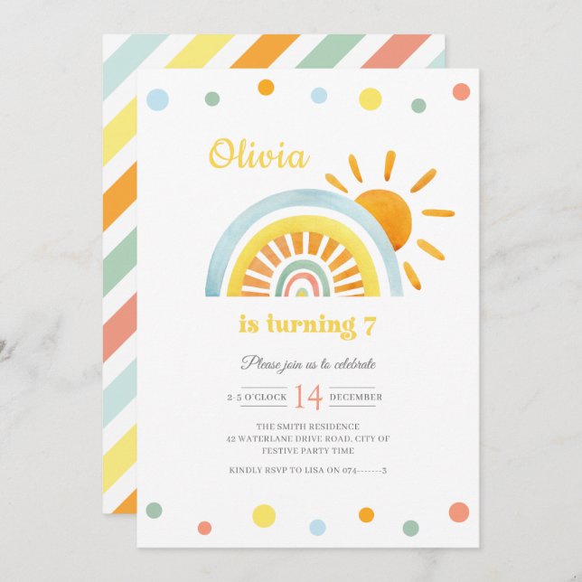 Invitación Acuarela Sunny Boho Rainbow Kids Cumpleaños (Anverso / Reverso)
