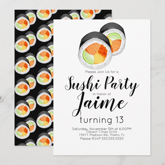 Invitación Acuarela Sushi Cumpleaños Comida Hibachi (Anverso / Reverso)