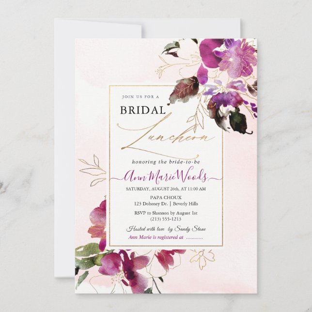 Invitación Acuarela Sweetpeas Cherry Red Bridal Lunchoa (Anverso)