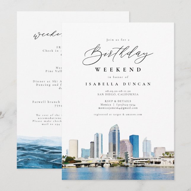Invitación Acuarela Tampa Florida Skyline Birday (Anverso / Reverso)