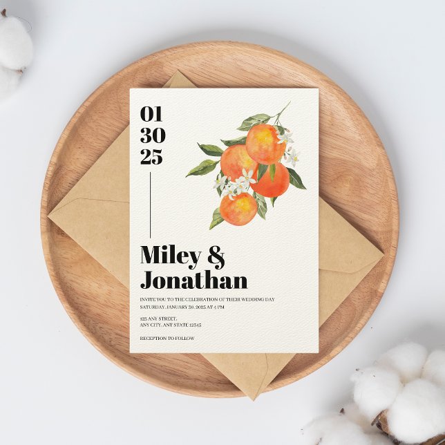 Invitación Acuarela Tangerina Citrus Boda Floral Moderno (Tangerine wedding invitation)