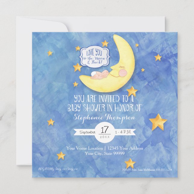 Invitación Acuarela te ama a la luna en Baby Shower (Anverso)