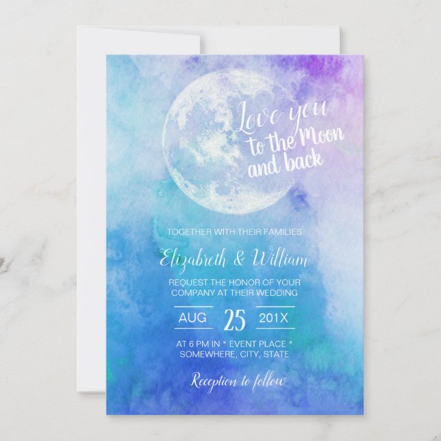 Invitación Acuarela te ama a la luna y al Boda trasero (Anverso)