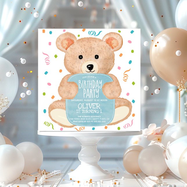 Invitación Acuarela Teddy Bear Confetti Boy Cumpleaños (Subido por el creador)