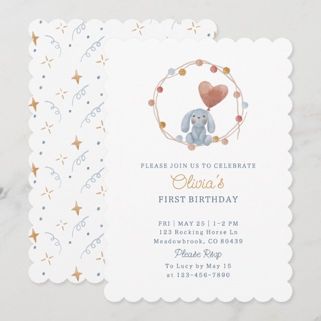Invitación Acuarela, teddy y pom-poms, cumpleaños infantil (Anverso / Reverso)