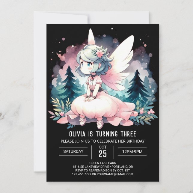 Invitación Acuarela Tema Fairy Birthday (Anverso)
