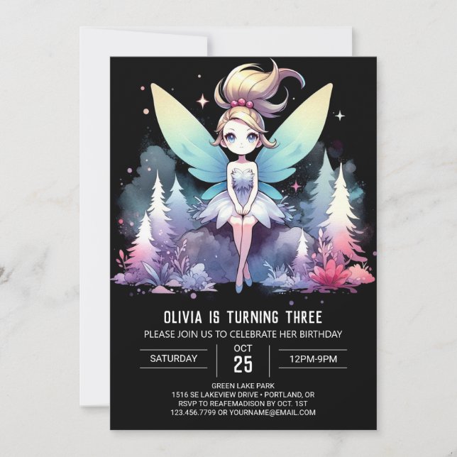 Invitación Acuarela Tema Fairy Birthday (Anverso)