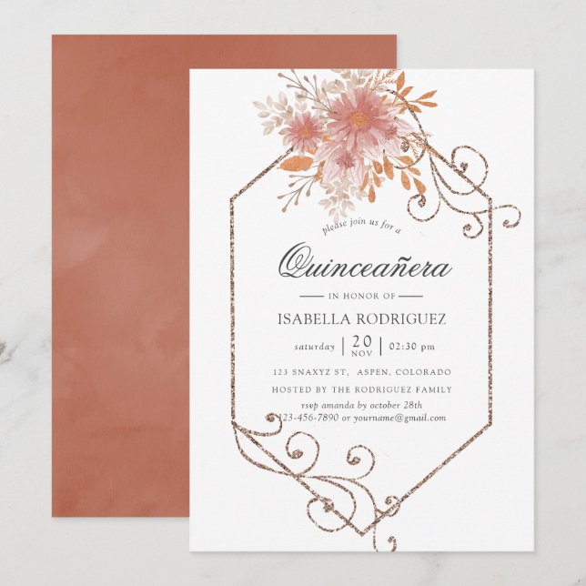 Invitación Acuarela Terracota Geométrica Quinceañera (Anverso / Reverso)