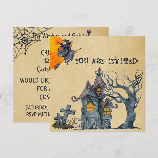 Invitación Acuarela Testigos Goblins Fiesta de disfraces de H (Anverso / Reverso)