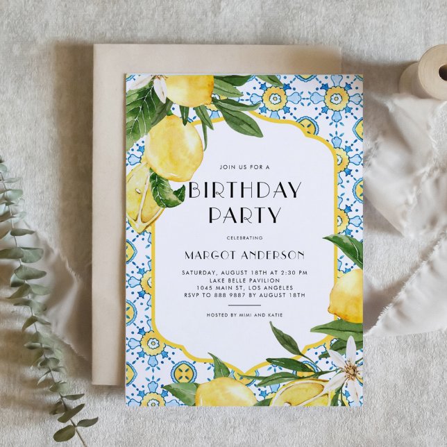 Invitación Acuarela Tile marroquí y fiesta de cumpleaños de l (Customizable Birthday Party Invitation featuring Watercolor Moroccan Tile and Lemon Design)