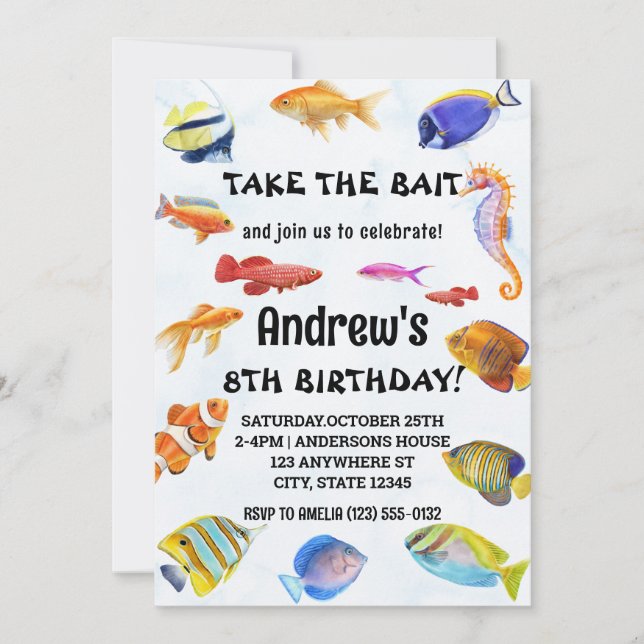 Invitación Acuarela Toma El Cumpleaños De La Pesca De Cerdo (Anverso)