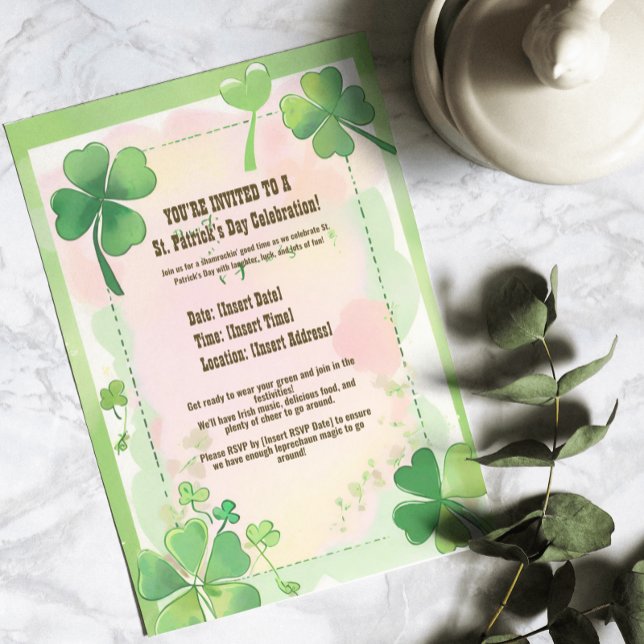 Invitación Acuarela Trébol de Cuatro Hojas de San Patricio (Watercolor Four Leaf Clove Shamrock St. Patrick's Invitation
)