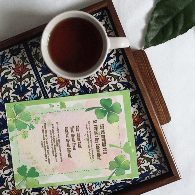 Invitación Acuarela Trébol de Cuatro Hojas de Trébol Día de S (Watercolor Four Leaf Clove Shamrock St. Patrick's Invitation)