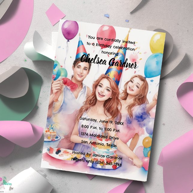 Invitación Acuarela Tres Jóvenes Celebrando El Cumpleaños (Subido por el creador)