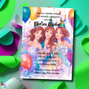 Invitación Acuarela Tres jóvenes Chicas celebrando el cumplea