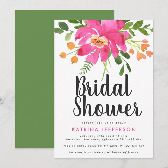 Invitación Acuarela Tropic Hot Pink Bridal Shower (Anverso / Reverso)