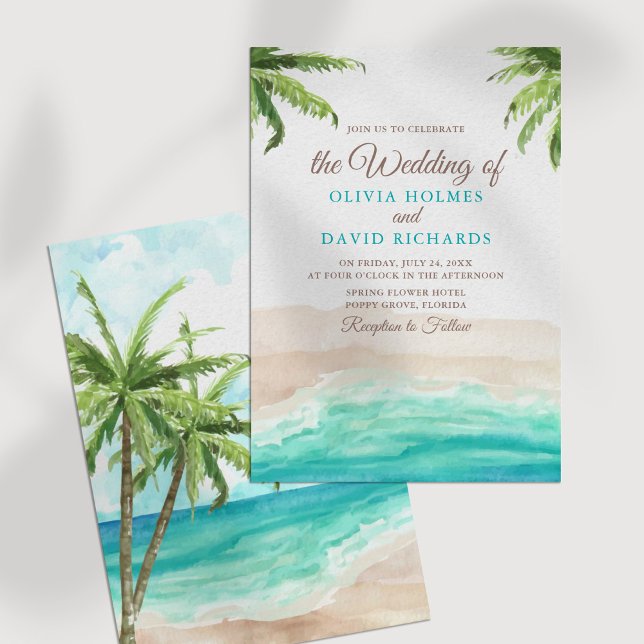 Invitación Acuarela Tropical Beach and Palm Trees Boda (Watercolor Tropical Beach and Palm Trees Wedding Invitation on a white table.)