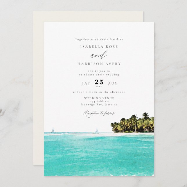 Invitación Acuarela Tropical Beach Jamaica Boda (Anverso / Reverso)