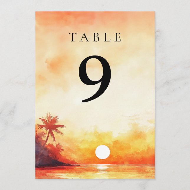 Invitación Acuarela Tropical Beach Sunset Table Number (Anverso)
