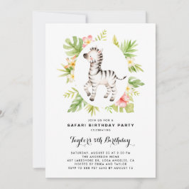 Invitación Acuarela tropical Cebra Safari Niños Cumpleaños